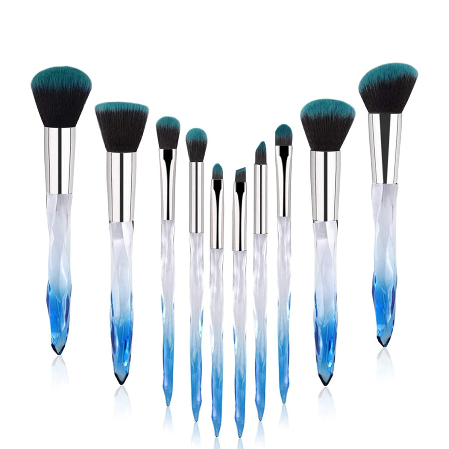 Yuwaku Makeup Brushes Professional - 10pcs Premium Synthetic Foundation Blending Blush Set Powder Eyeshadow Brush Set Light Blue Transparent Crystal Handle Cute Make Up Tools