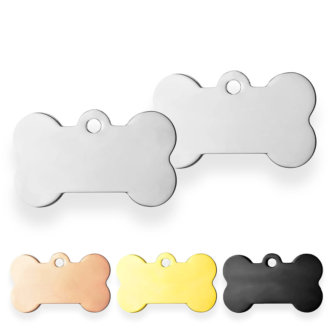 Bone-shaped pet tags, personalized with pictures, text, and made of stainless steel.